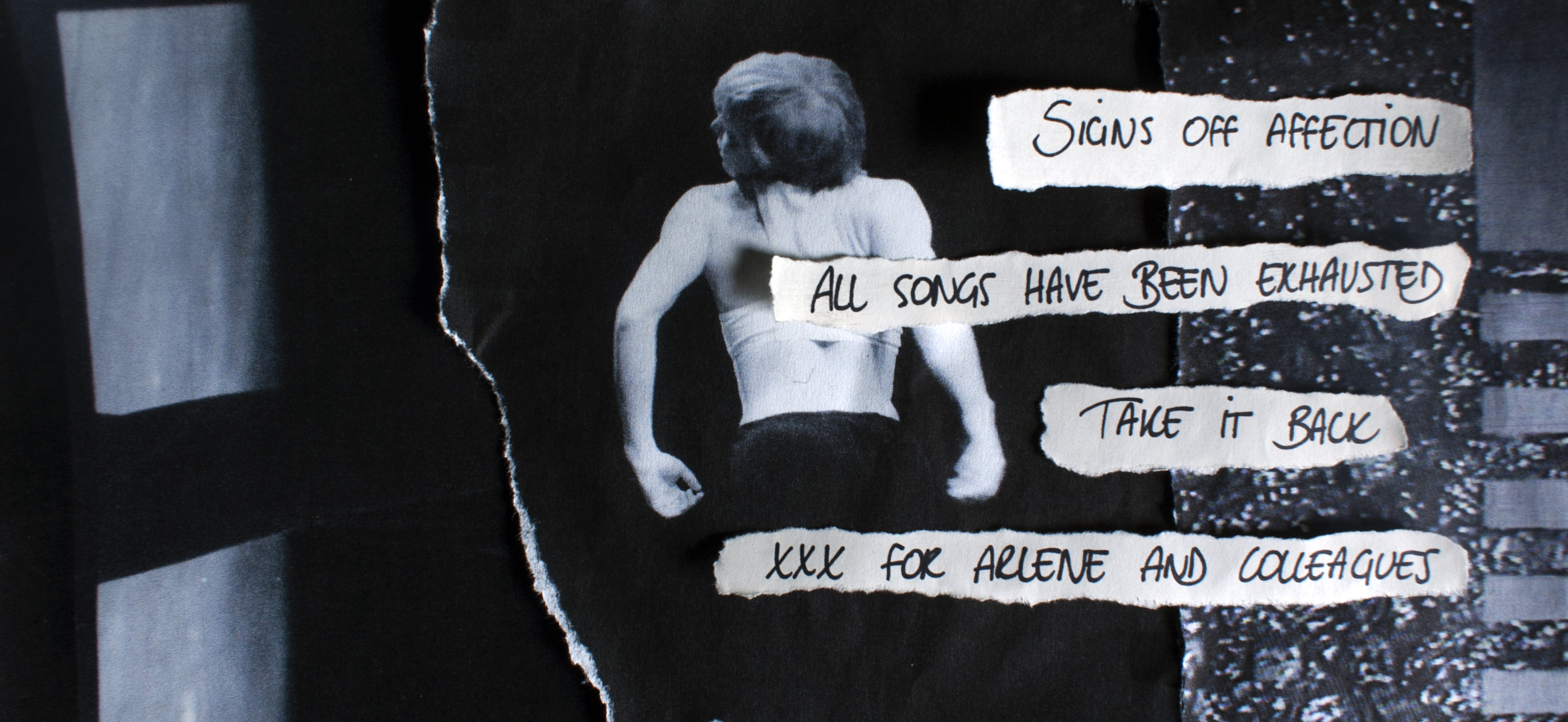 Image of Meg Stuart with work titles handwritten on collaged paper